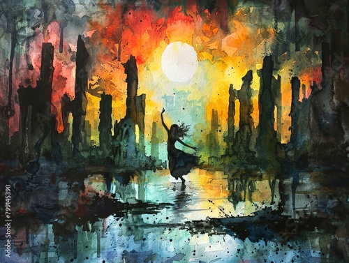 Paint a haunting watercolor scene of a dystopian wasteland, featuring eerie silhouettes of dancers gracefully moving amidst ruins, illuminated by a dying sun setting 