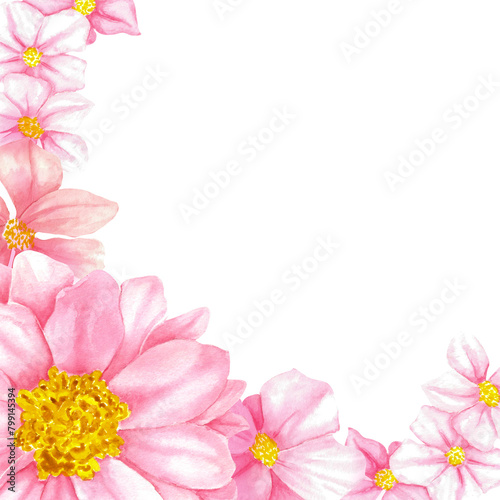 Pink dahlia flowers in a corner frame, white background, watercolor style, clipart on the right side of the page, white space in the center for writing text or logo, a pink and yellow color palette