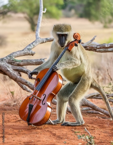 singe avec un petit violoncelle jouant de la musique dans la savane en ia photo