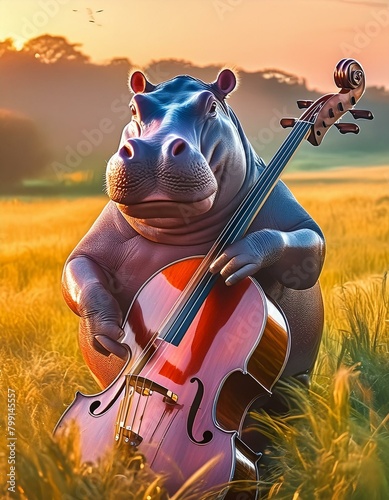 hippopotame avec une contrebasse dans la savane en ia