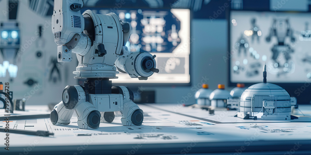 Close-up of a robotics engineer's desk with robot prototypes and circuit diagrams, showcasing a job in robotics engineering Close-up of a robotics engineer's desk with robot prototypes and circuit diagrams, showcasing a job in robotics engineering