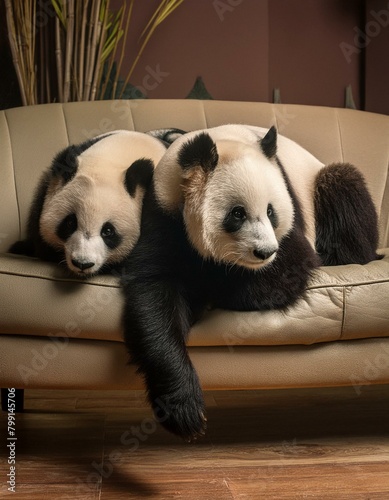 deux pandas sur un canapé en cuir en ia