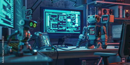Close-up of a robotics engineer's desk with robot prototypes and circuit diagrams, showcasing a job in robotics engineering