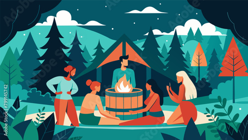 Surrounded by lush forest and icy air a group of friends enjoying the warmth and theutic benefits of an infrared sauna while glamping in the.