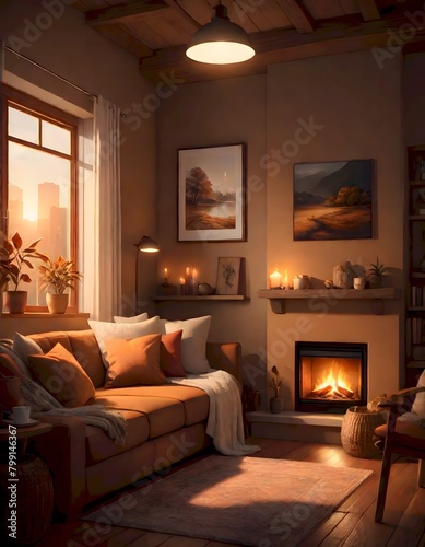 Cozy living room dimly lit  creating a warm and inviting atmosphere  Generative AI.