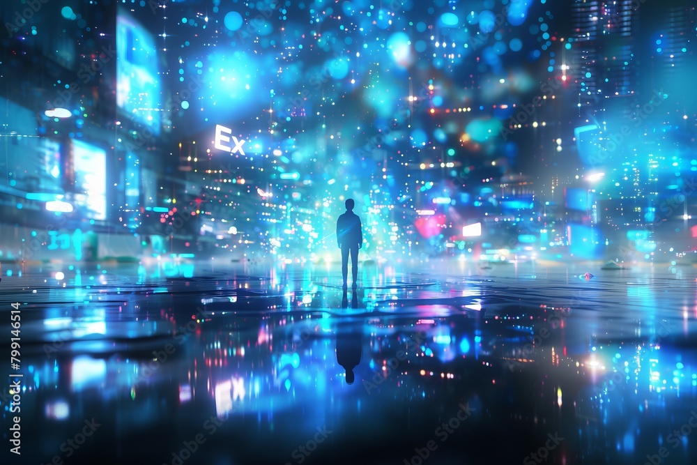 Hooded man walking in futuristic city. silhouette of a lonely man in the lights of a deserted city