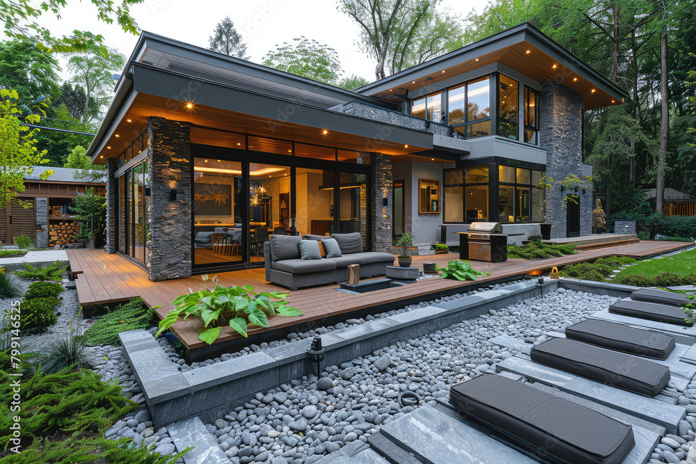 A modern house with concrete walls, large windows and a balcony on the ...