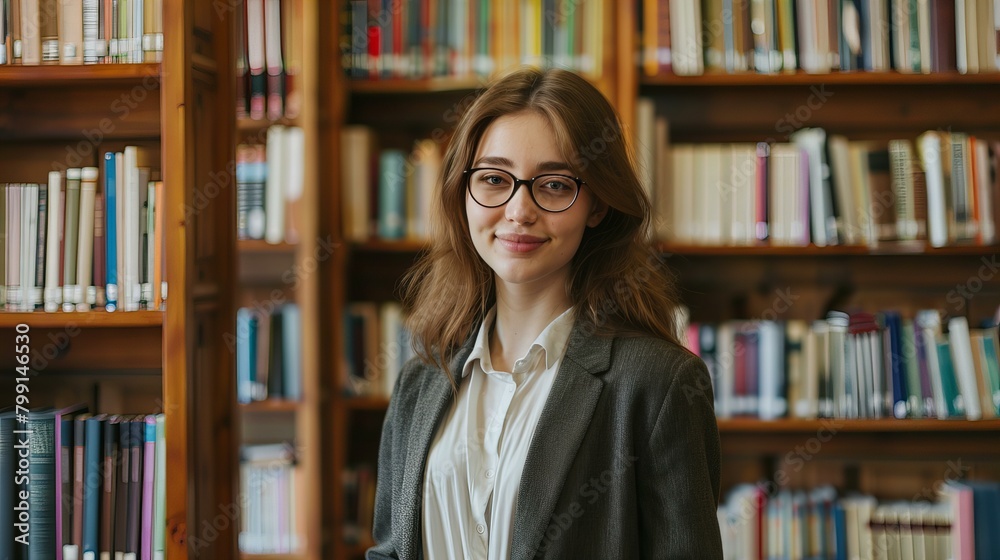 smiling student posing in library, concept of reading, college, education and literature smiling student posing in library, concept of reading, college, education and literature