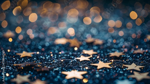 Close-up of golden stars scattered on a glittery blue surface, evoking a sense of wonder and festivity. photo