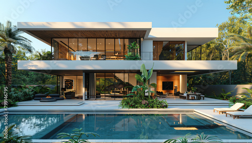 Modern two-story villa with large glass windows. Created with Ai