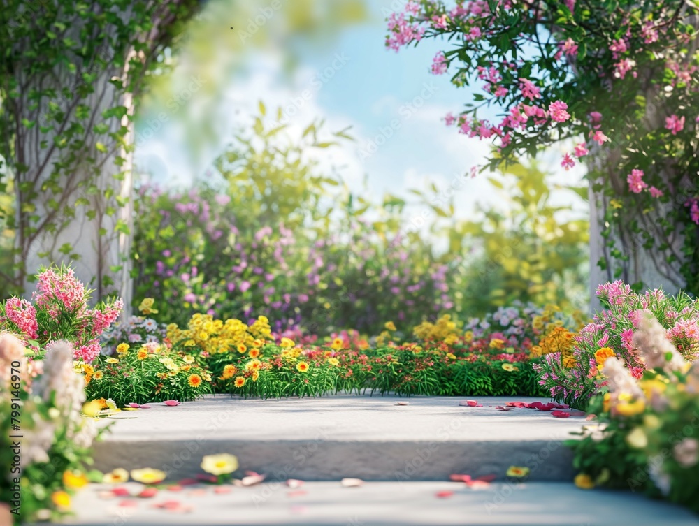 Podium mockup, garden flower background, 3d render
