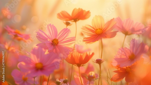 Pink flowers bask in the golden light of sunrise, capturing the delicate beauty and serenity of a fresh morning. © Cassova