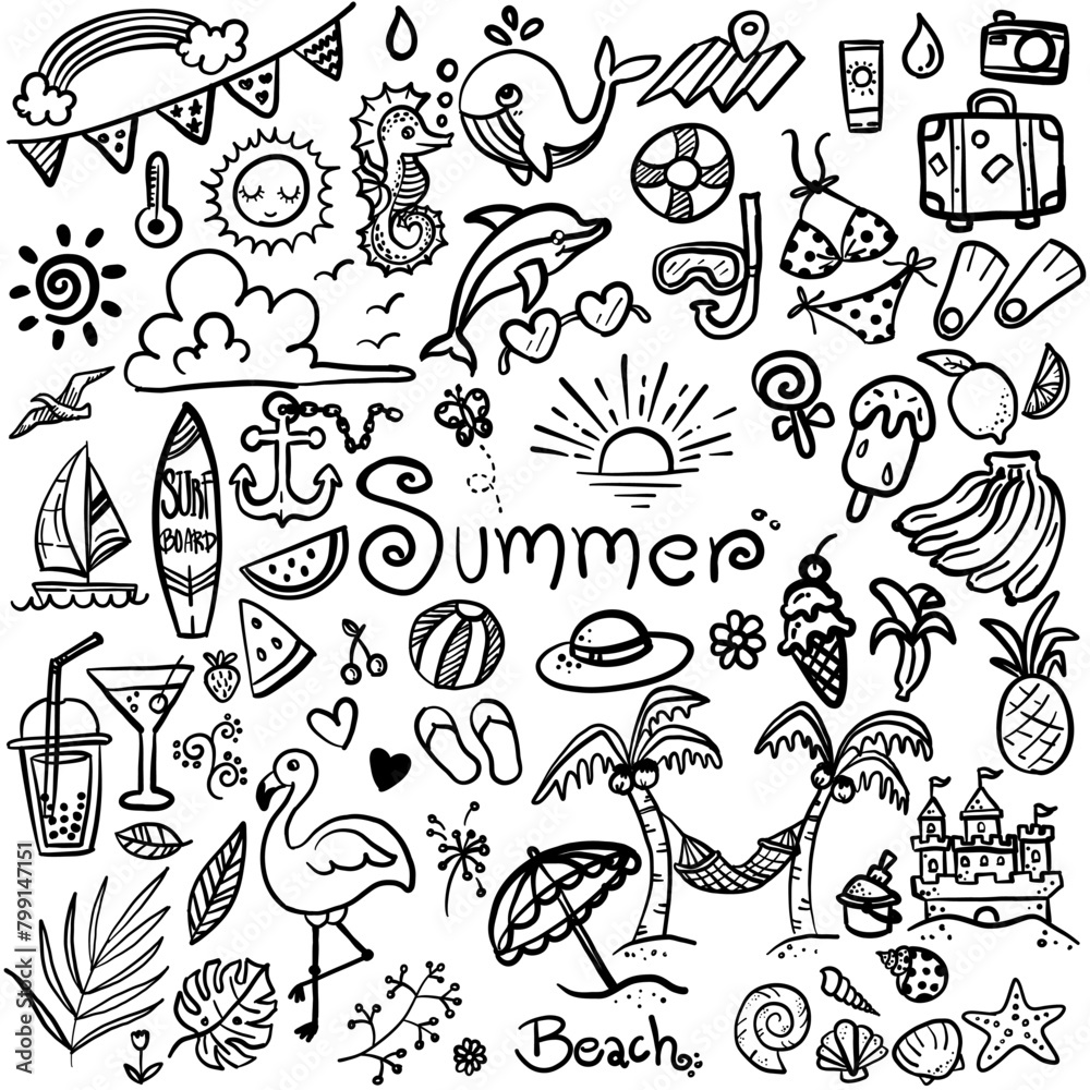 Hand Drawn Collection of Cute Summer Icons in Minimal Style