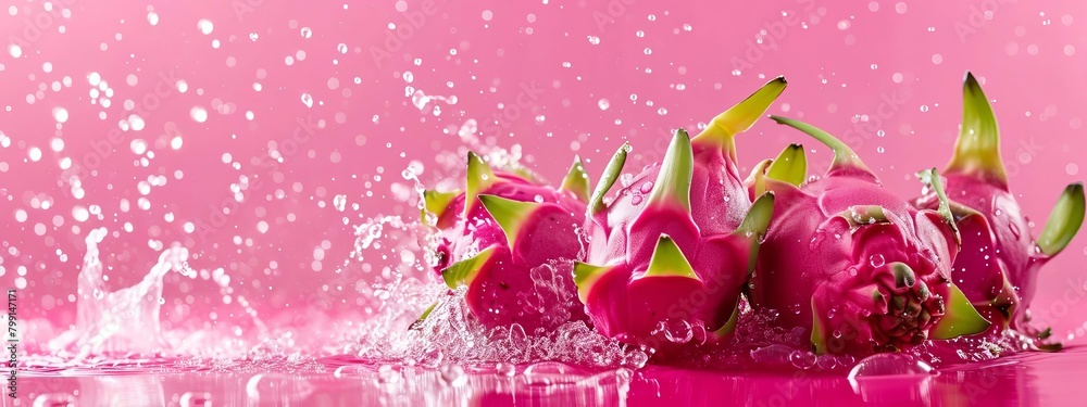 water splashes on falling papaya or dragon fruit, Generative AI, water splashes on falling papaya or dragon fruit, Generative AI,