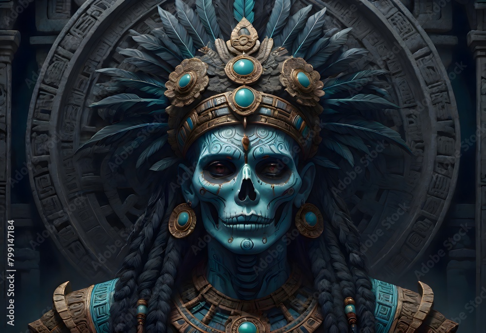 Man with a blue mask and a crown with feathers on it with a tribal costume and a skull on his face, Generative AI. Man with a blue mask and a crown with feathers on it with a tribal costume and a skull on his face, Generative AI.