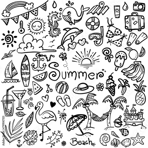 Hand Drawn Collection of Cute Summer Icons in Minimal Style