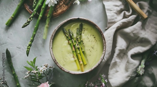 asparagus soup in bowl, vegetarian gourmet cuisine, top view