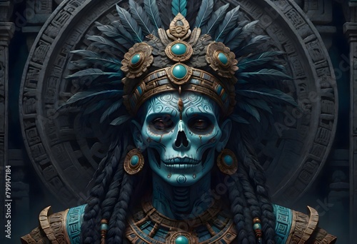 Man with a blue mask and a crown with feathers on it with a tribal costume and a skull on his face, Generative AI.