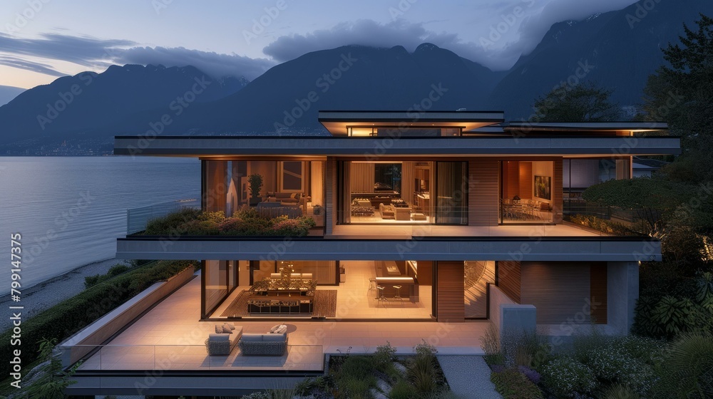 Fototapeta premium A stunning modern house with a beautiful view of the lake and mountains
