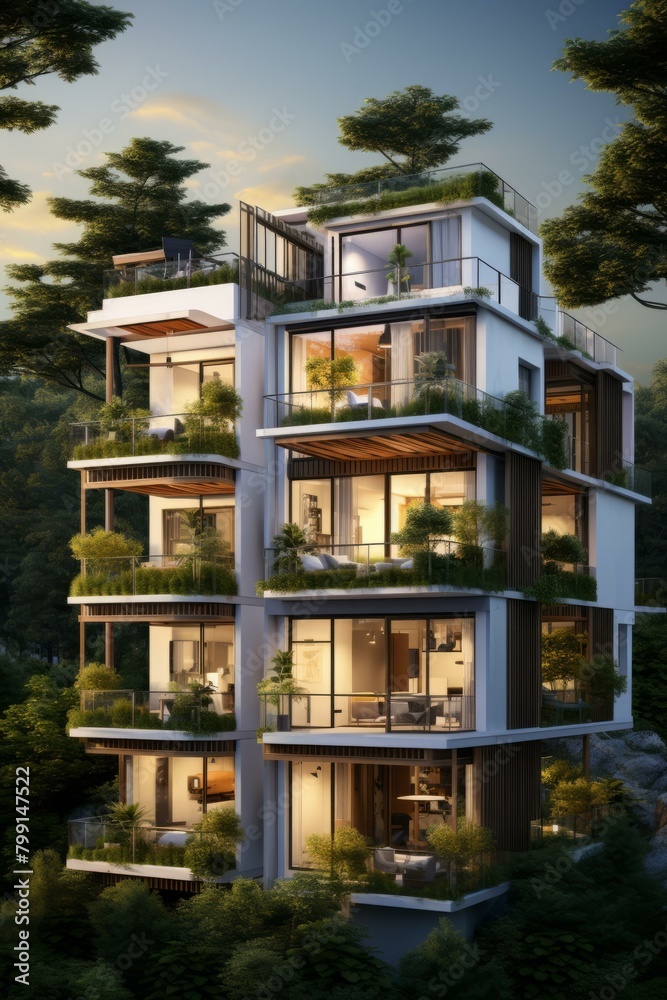 The beautiful and unique facade of a modern apartment building with lots of greenery The beautiful and unique facade of a modern apartment building with lots of greenery