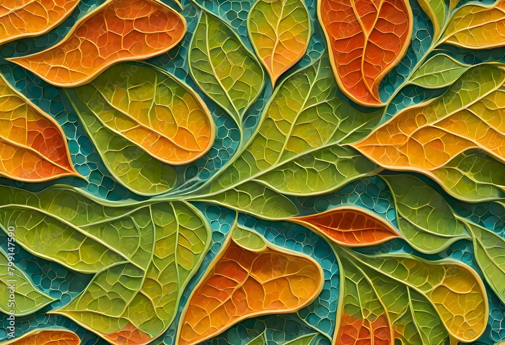 Obraz premium Green leafy background with brown leaves scattered throughout, creating a sense of depth and texture, Generative AI.