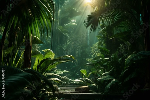 The dense vegetation of the jungle creates a mysterious atmosphere