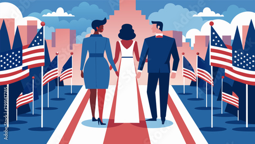 The couple walking hand in hand down an aisle lined with American flags standing tall and proud.. Vector illustration
