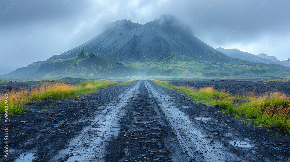 A road leading to the misty mountain, a dark grey sky with light rain in Iceland. Created with Ai