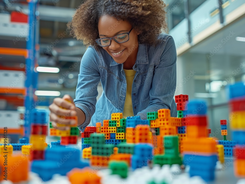 A woman is playing with a large pile of colorful blocks. She is smiling and she is enjoying herself. The blocks are arranged in various shapes and sizes, creating a fun and playful atmosphere