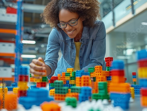Obraz na płótnie A woman is playing with a large pile of colorful blocks. She is smiling and she is enjoying herself. The blocks are arranged in various shapes and sizes, creating a fun and playful atmosphere w salonie