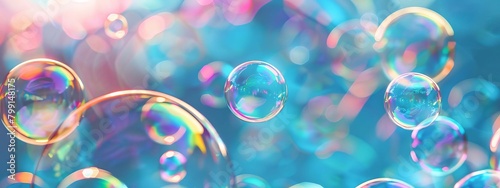 Soap bubbles on a blue background, Generative AI, photo