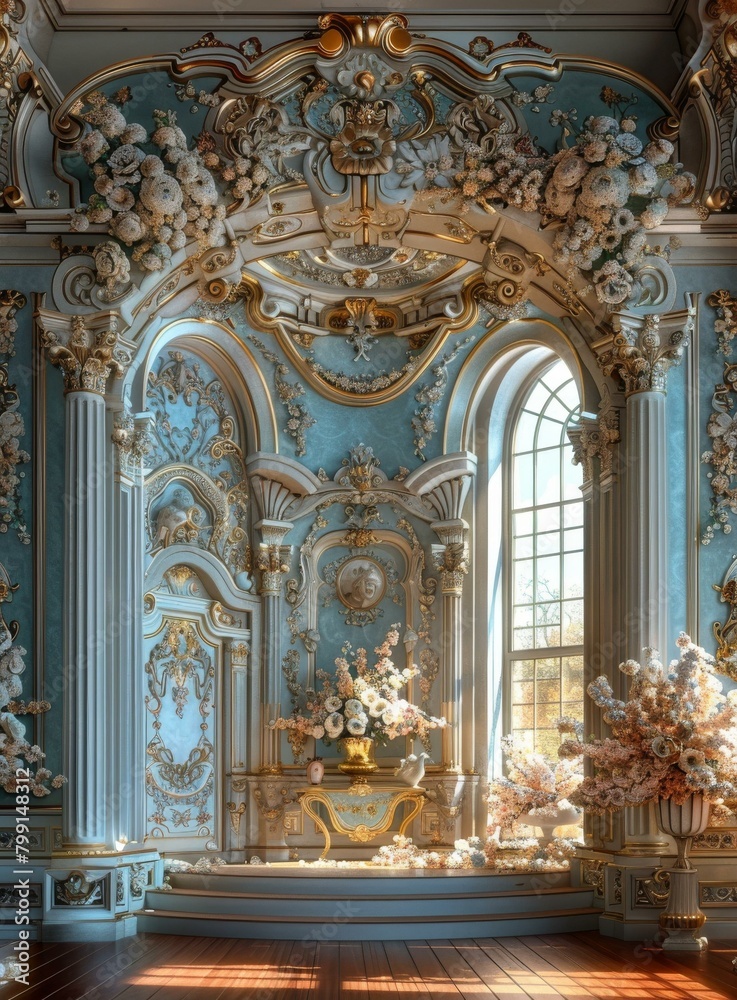 ornate interior of a French style palace with blue and gold accents