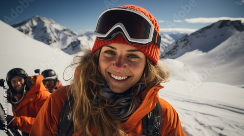 Portrait of a smiling female skier with goggles and a red beanie