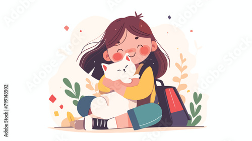 Scene with little kid hugging cat. Happy child sitt