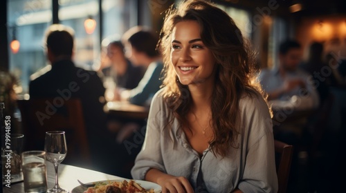 Portrait of a beautiful young woman sitting in a restaurant and smiling