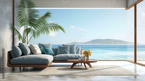 Modern coastal living room interior with blue sofa and ocean view