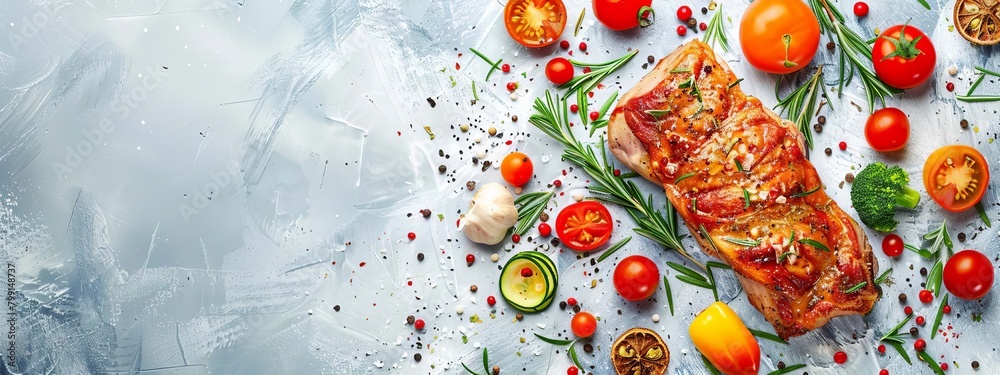 fried pork with vegetables on a dark background, Generative AI, fried pork with vegetables on a dark background, Generative AI,