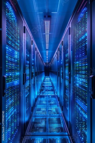 Blue server room with bright lights photo