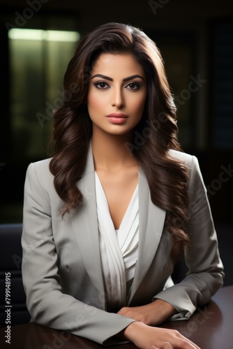 Headshot of a young businesswoman with long, dark hair wearing a white blouse and gray blazer