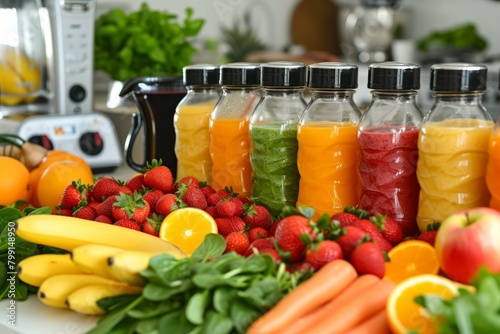 A variety of fresh fruit and vegetable juices in glass bottles