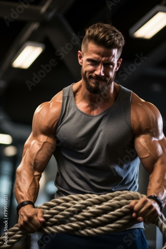muscular man pulling ropes in the gym