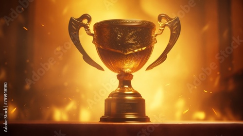 Image of gold cup, concept for winning or success. Champions award, sport victory, winner prize concept. Competition success, first place, best win symbol. High quality photo