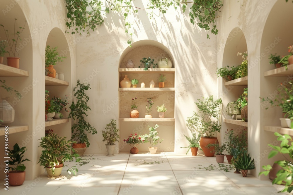 Fototapeta premium Indoor plants and flowers in a sunlit courtyard