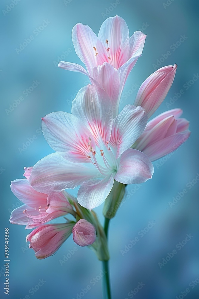 Fototapeta premium Light pink lilies against a blue background