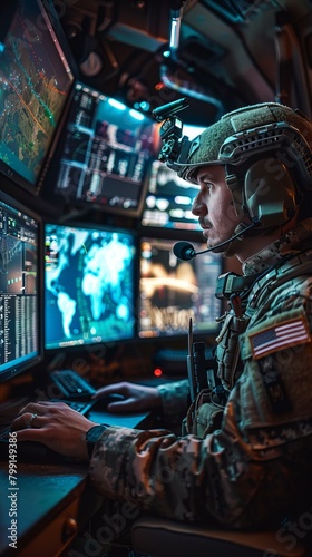 Soldier at a computer station in a military control room