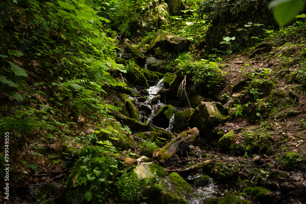 Beautiful mountain landscape in early spring. Small river with a waterfall. Beautiful mountain landscape in early spring. Small river with a waterfall.
