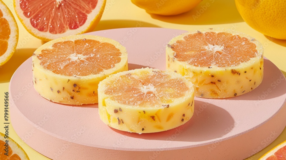 Three slices of orange-flavored cheesecake on a pink plate Three slices of orange-flavored cheesecake on a pink plate