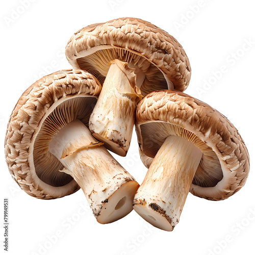 Three mushrooms are displayed on a white background photo