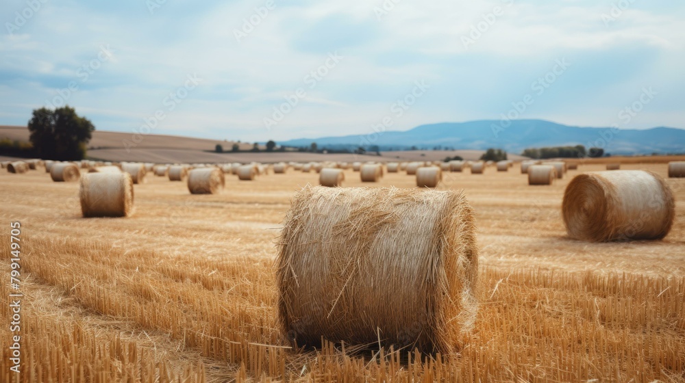 Field of hay bales under blue sky