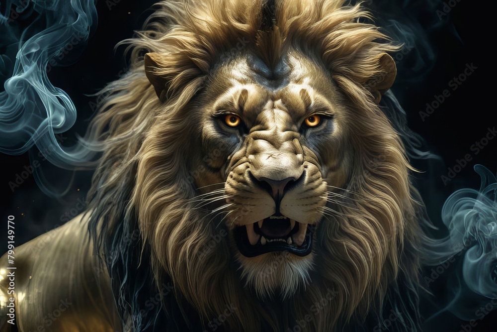 Naklejka premium portrait of a lion in the dark content created with generative AI software